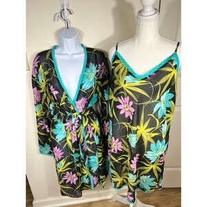 VTG Y2K Valerie Stevens Floral Robe Chemise Set Womens M L Black Tropical Lace